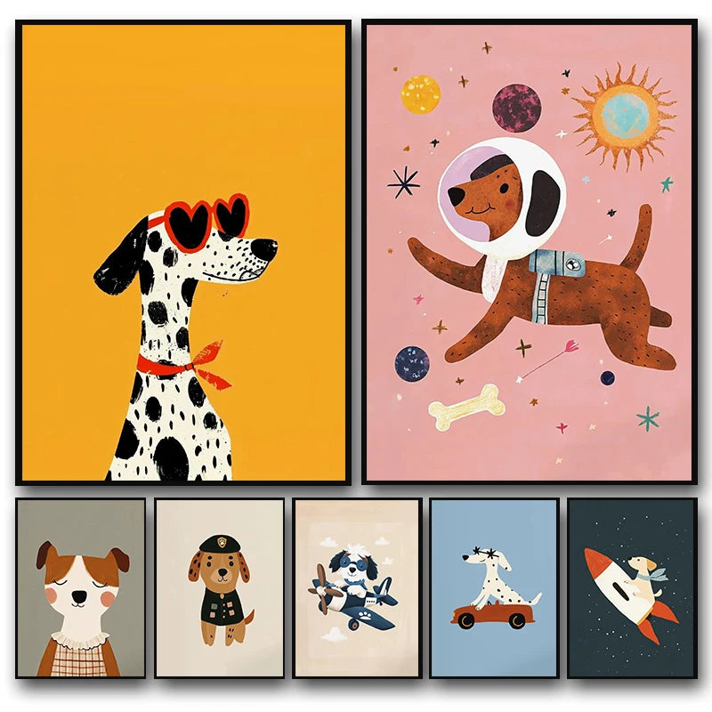 Cartoon Dog Illustrations Canvas Print – Cute Nordic Wall Art for Dog Lovers
