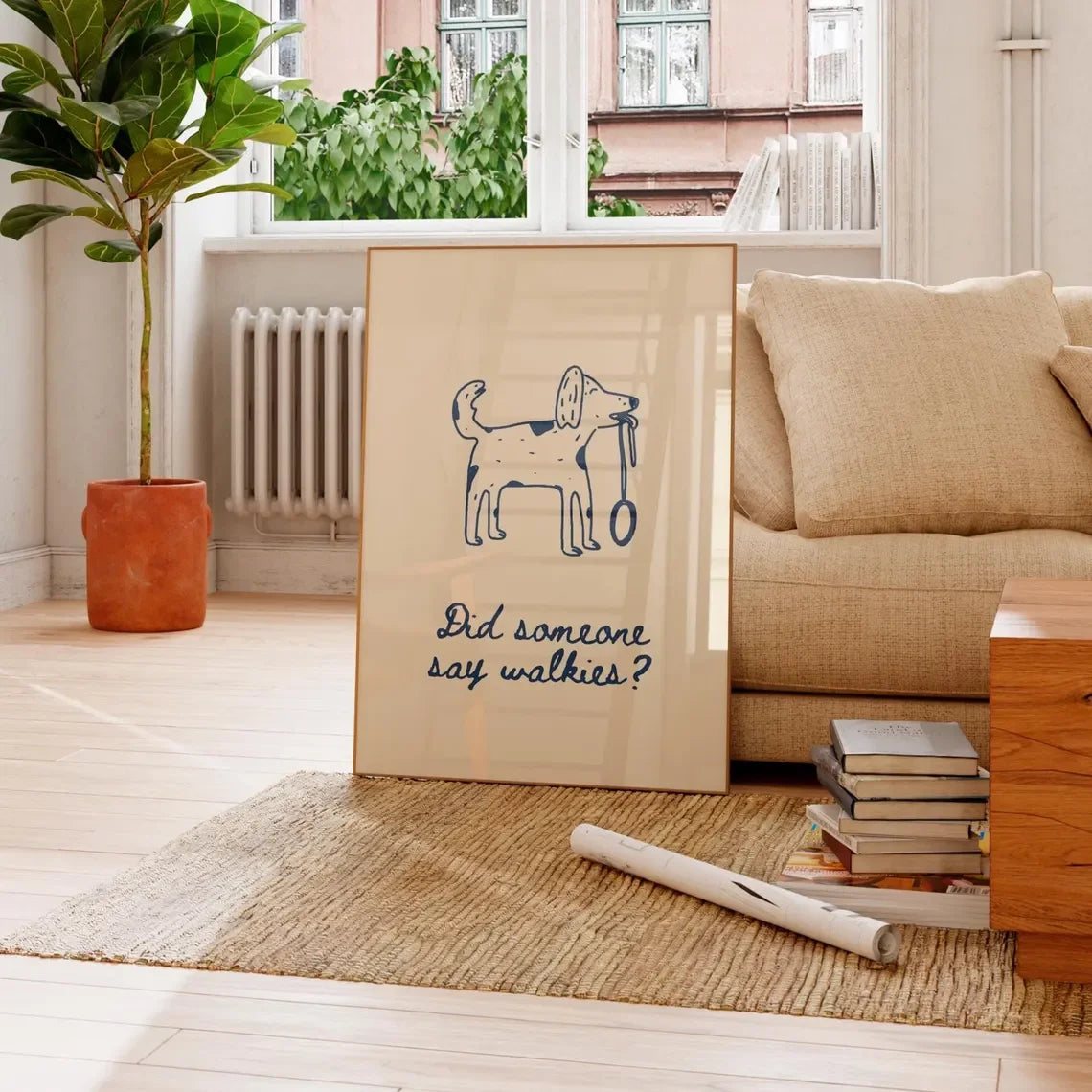 Walkies Funny Dog Wall Art Print – Hand Drawn Cute Doodle Poster, Minimalist Trendy Home Decor
