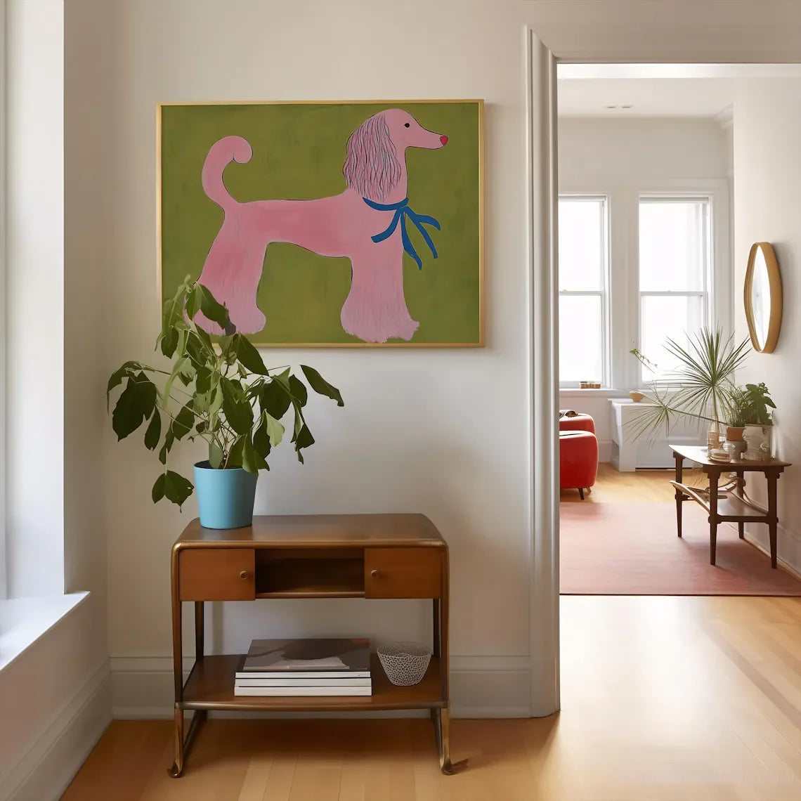 Pink Poodle Wall Art Print – Whimsical Animal Illustration, Playful Mid Century Modern Pet Decor