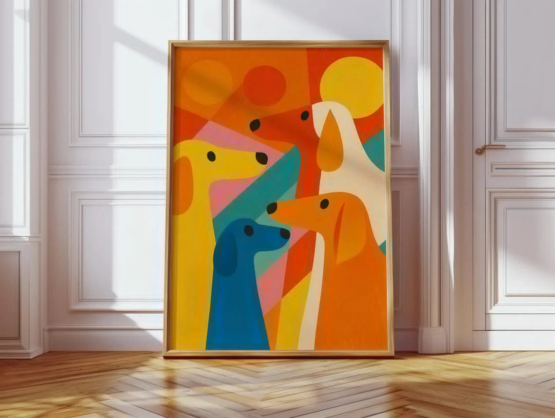 Vibrant Colorful Dog Quartet WALL ART PRINT DECOR – Playful Abstract Canine Painting, a Cheerful Statement Piece for Kids' Bedro