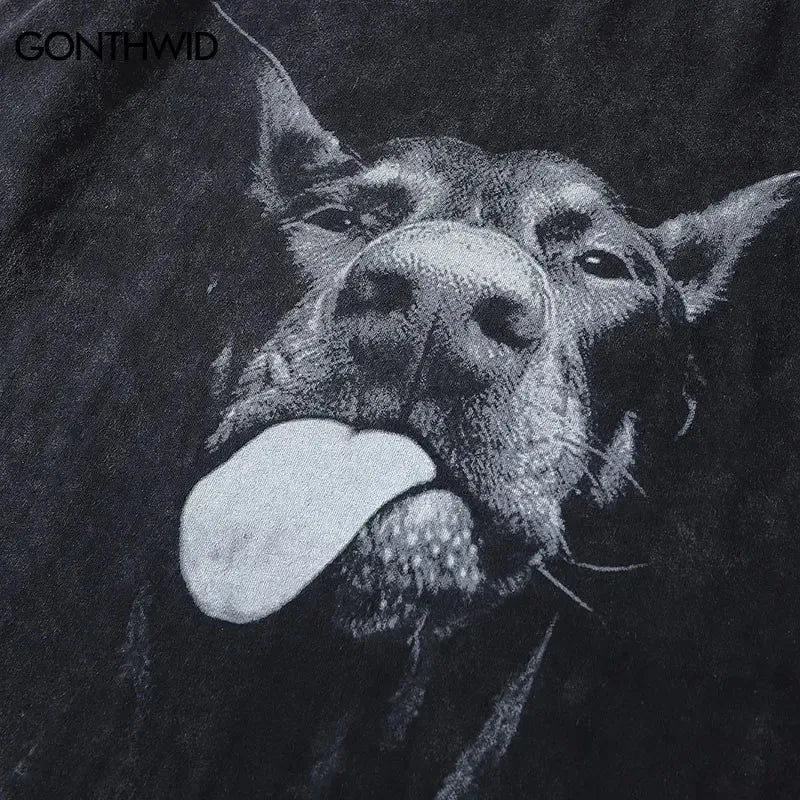 Doberman Streetwear Graphic T-Shirt – Vintage Washed Black Oversized Tee