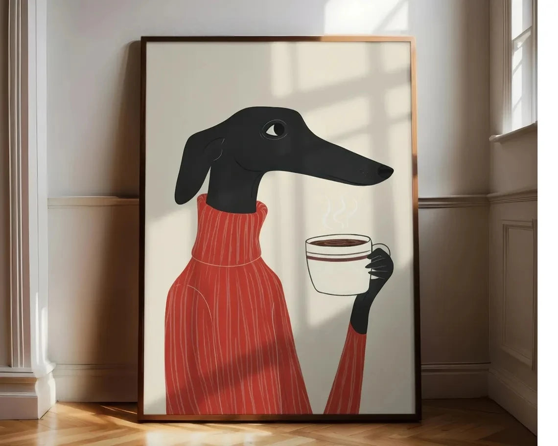Greyhound Coffee Wall Art — Whimsical Dog in Sweater Canvas Print