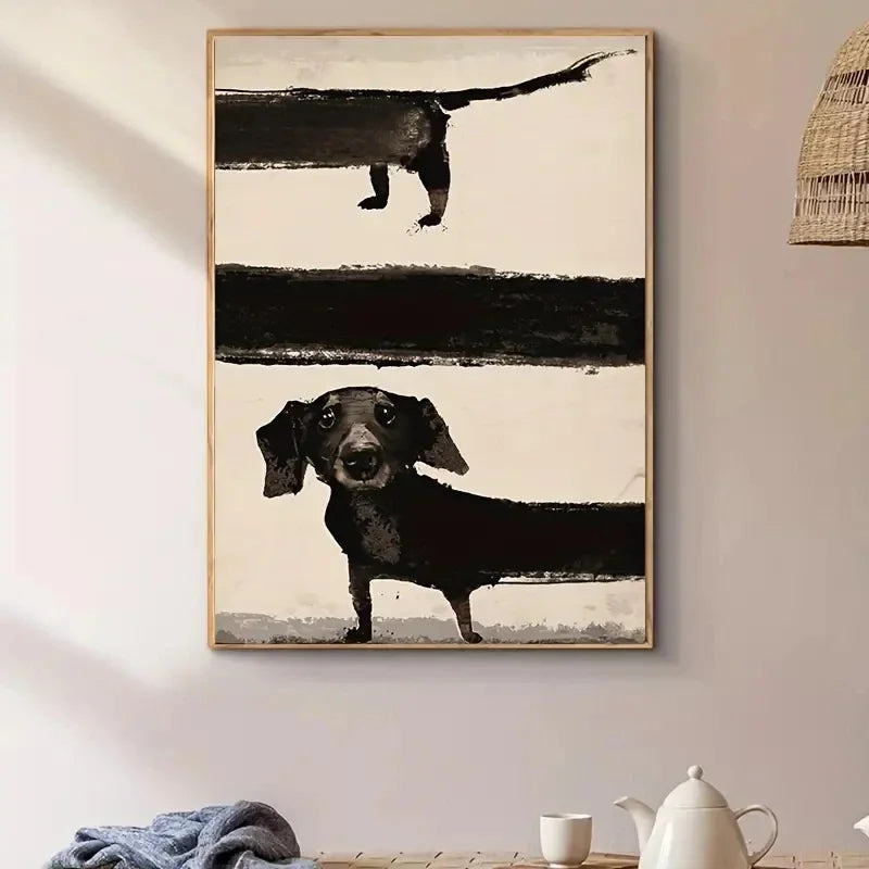 Retro Cute Dachshund Dog Poster – Sausage Dog Canvas Painting, Funny Animal Wall Art for Modern Living Room Home Decor