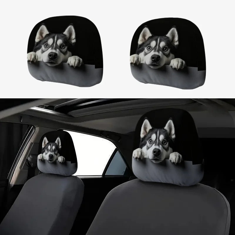 Husky Dog Car Headrest Covers – Set of 2 with Cute Husky Face Print