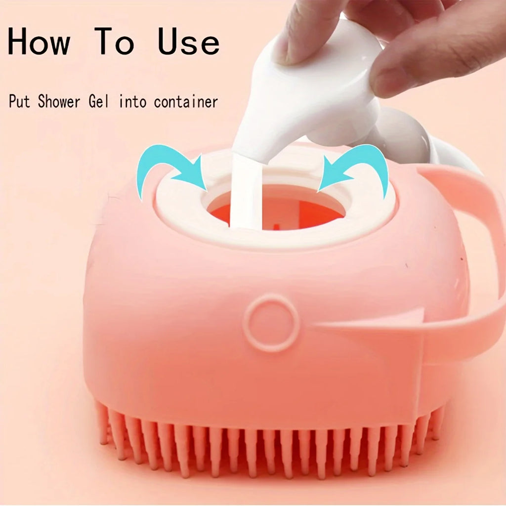 Dog Bathing Brush Pet Massage Brush Shampoo Dispenser Soft Silicone Brush Rubber Bristle for Dogs and Cats Shower Grooming Tool