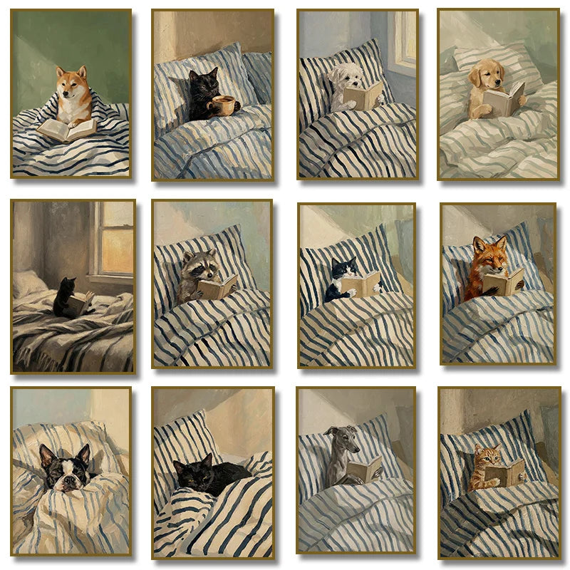 Funny Animals Reading & Relaxing Canvas Print – Dog, Cat, Fox & Raccoon Wall Art