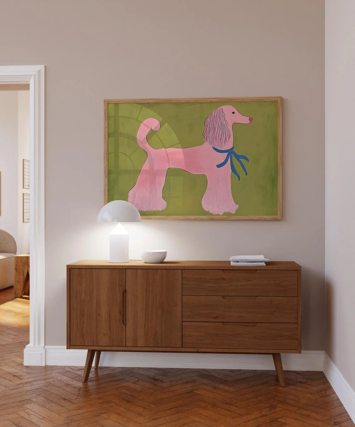Pink Poodle Wall Art Print – Whimsical Animal Illustration, Playful Mid Century Modern Pet Decor