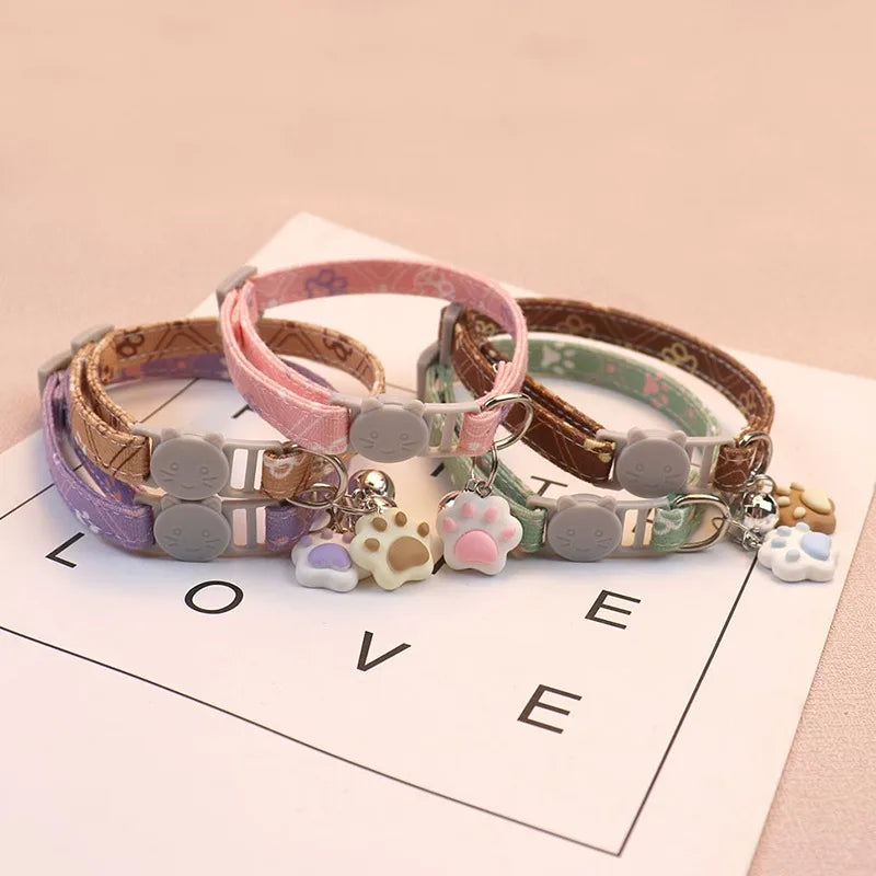 Colorful Dog & Cat Collar with Bell — Cartoon Paw Print, Adjustable, 14 Colours
