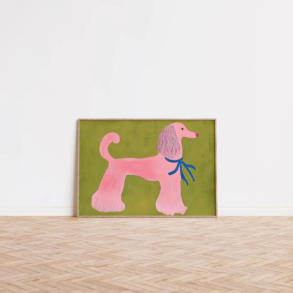 Pink Poodle Wall Art Print – Whimsical Animal Illustration, Playful Mid Century Modern Pet Decor
