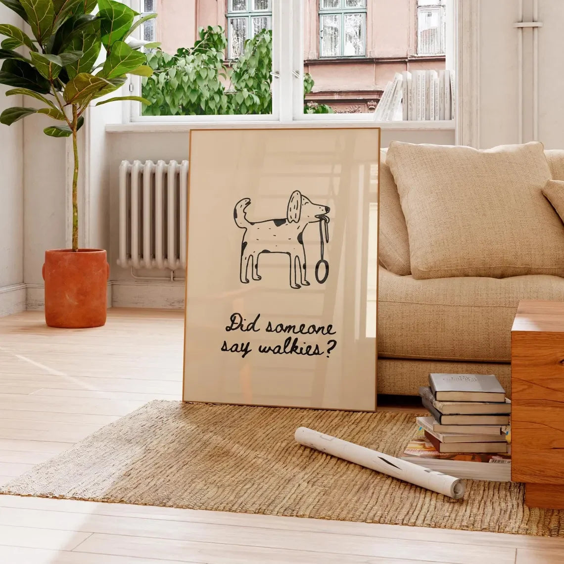 Walkies Funny Dog Wall Art Print – Hand Drawn Cute Doodle Poster, Minimalist Trendy Home Decor