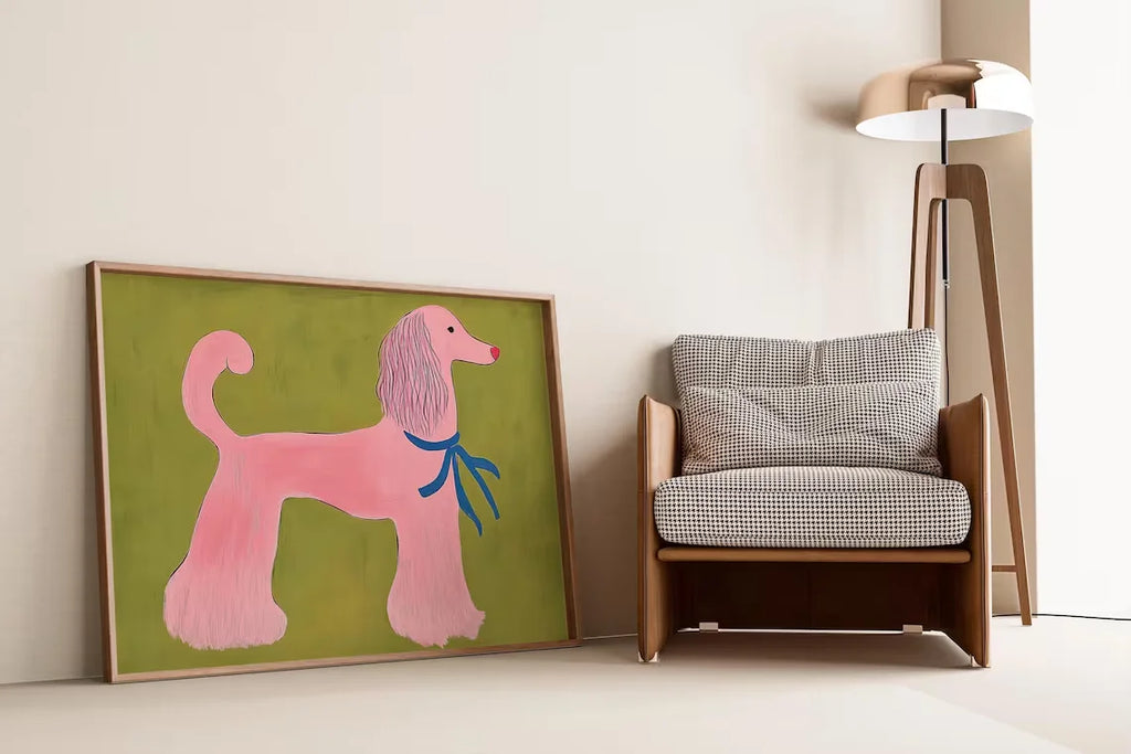 Pink Poodle Wall Art Print – Whimsical Animal Illustration, Playful Mid Century Modern Pet Decor