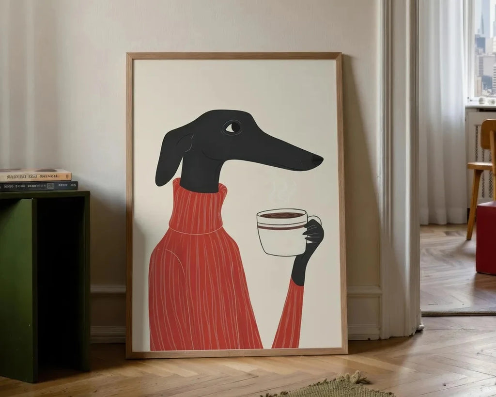 Greyhound Coffee Wall Art — Whimsical Dog in Sweater Canvas Print