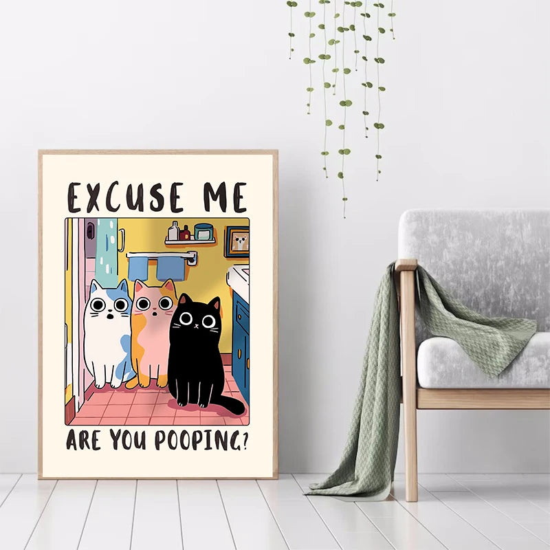 Funny Dog & Cat Bathroom Poster – “Excuse Me, Are You Pooping?” Wall Art Print