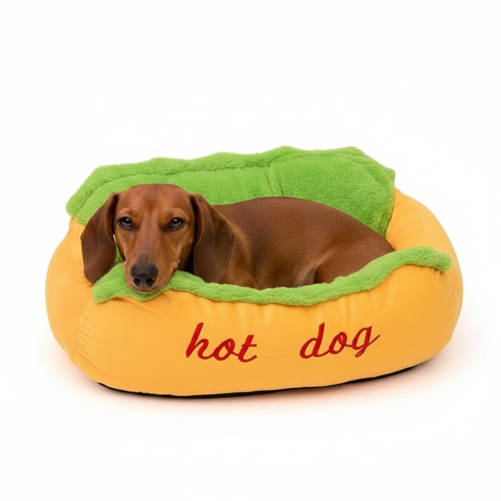 Dachshund sausage dog snuggled inside a hot dog shaped dog bed with golden bun and green lettuce cushion