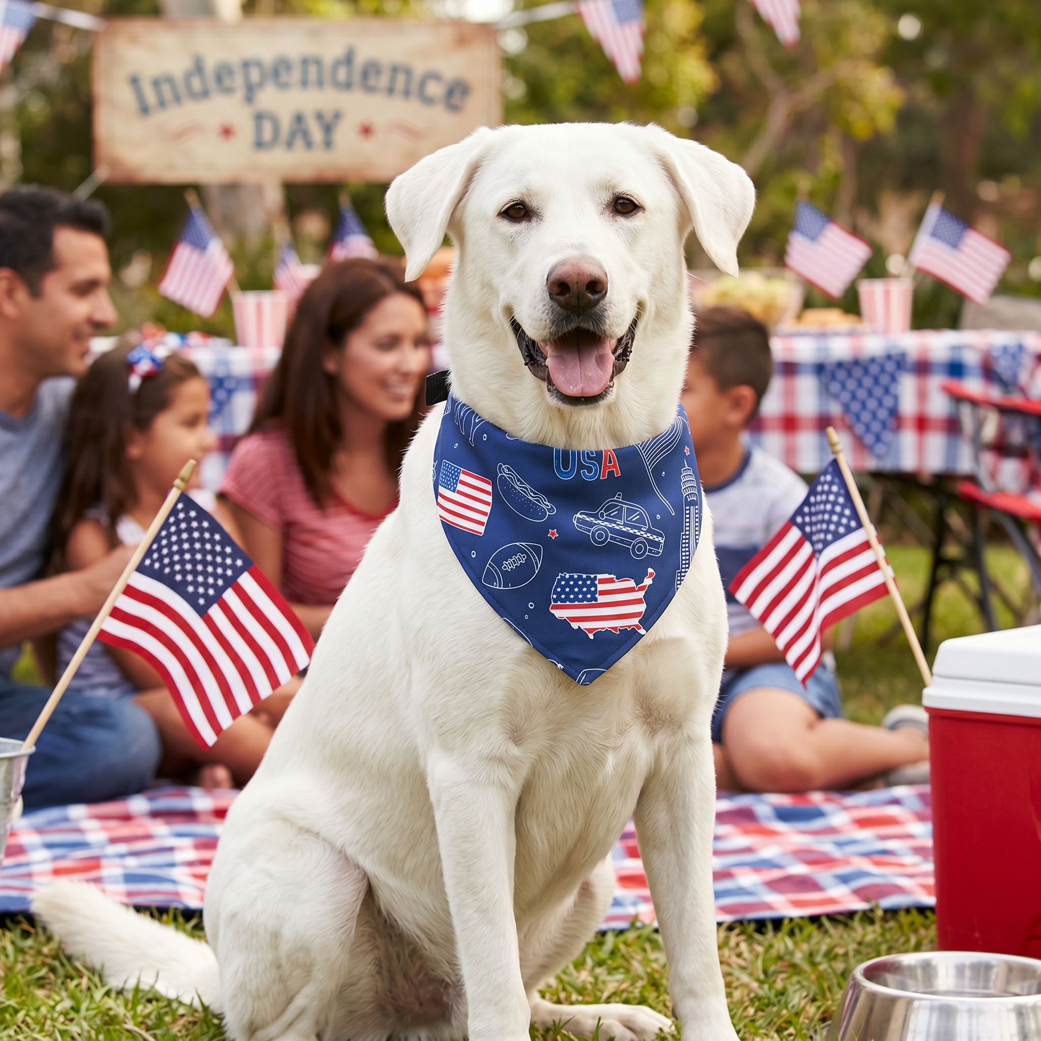 Patriotic Clip-On Pet Bandana — USA Flag & Icon Print