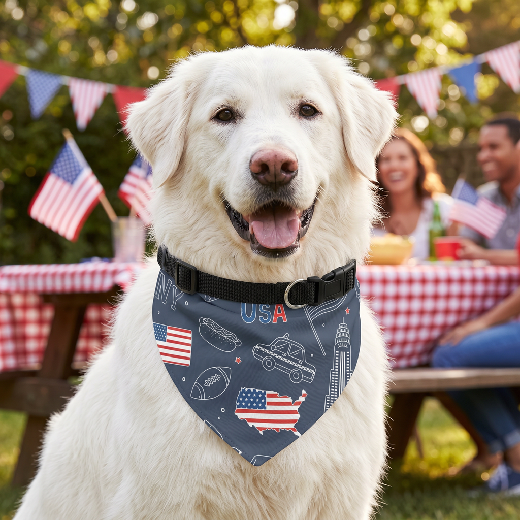 Patriotic Clip-On Pet Bandana — USA Flag & Icon Print